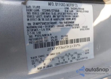 2003 Ford Crown Victoria Standard z USA, uszkodzony, nr VIN 2FAFP73W23X143591